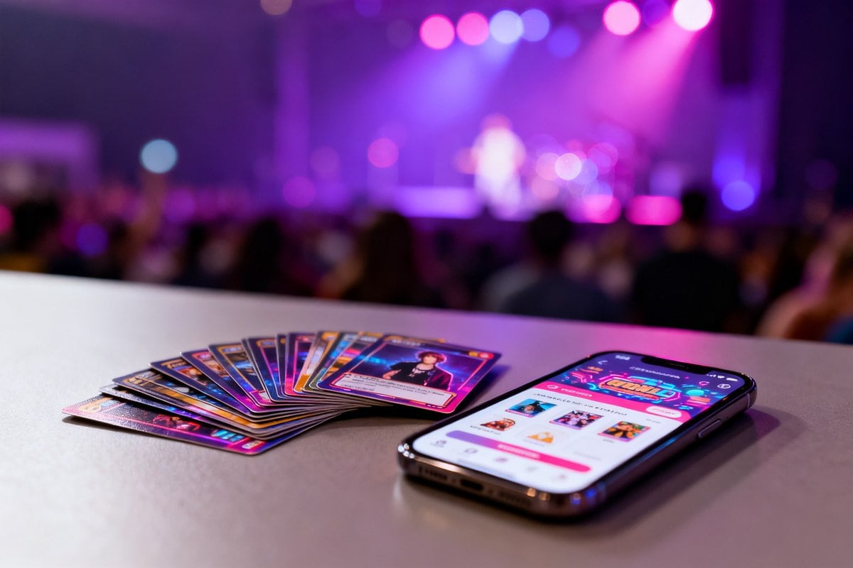 Cartes de collection posées près d'un smartphone affichant une application de collection numérique