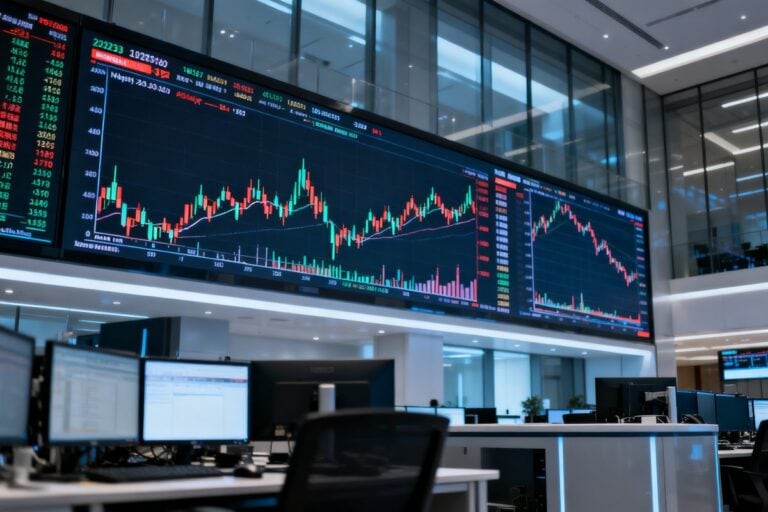 Salle de marché d'une bourse avec écrans de cotation et graphiques financiers