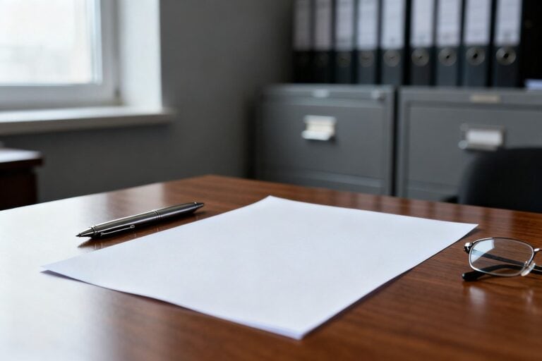 Feuille blanche, stylo et lunettes posés sur un bureau en bois, classeurs métalliques en arrière-plan
