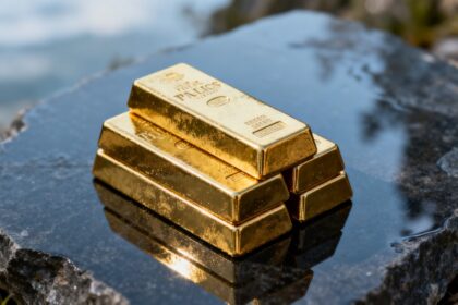 Lingots d'or empilés sur une surface sombre et réfléchissante, éclairés par un faisceau de lumière froide