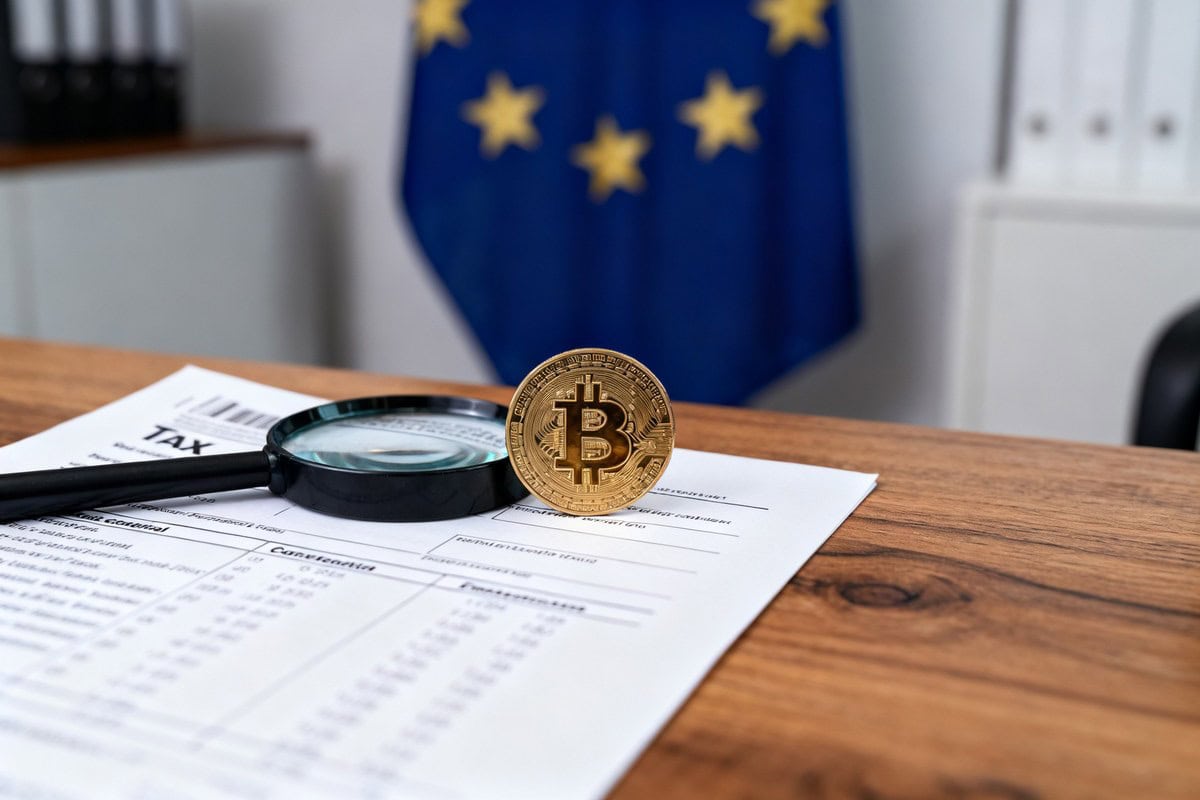 Pièce de bitcoin posée sur des documents fiscaux avec une loupe, devant un drapeau de l'Union européenne