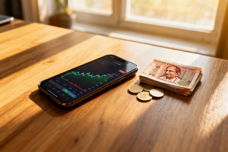 Smartphone affichant un graphique de cryptomonnaie posé sur un bureau à côté de billets et pièces en roupies indiennes