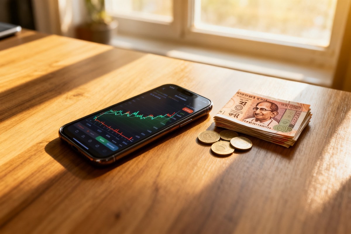 Smartphone affichant un graphique de cryptomonnaie posé sur un bureau à côté de billets et pièces en roupies indiennes