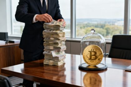 Un homme en costume empile une haute pile de billets sur un bureau, à côté d'une pièce de bitcoin sous cloche