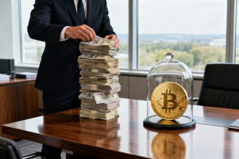 Un homme en costume empile une haute pile de billets sur un bureau, à côté d'une pièce de bitcoin sous cloche