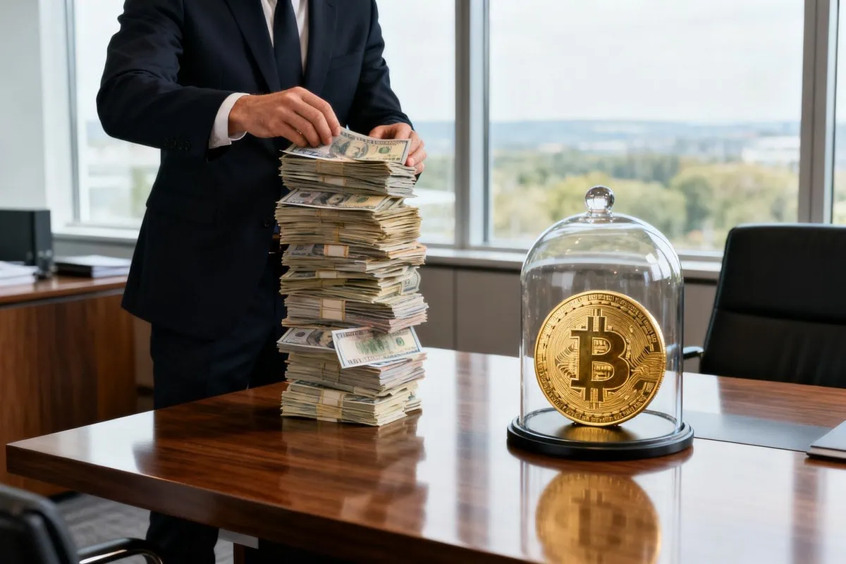 Un homme en costume empile une haute pile de billets sur un bureau, à côté d'une pièce de bitcoin sous cloche