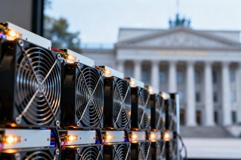 Rangées de machines de minage de cryptomonnaies alignées dans un centre de données moderne
