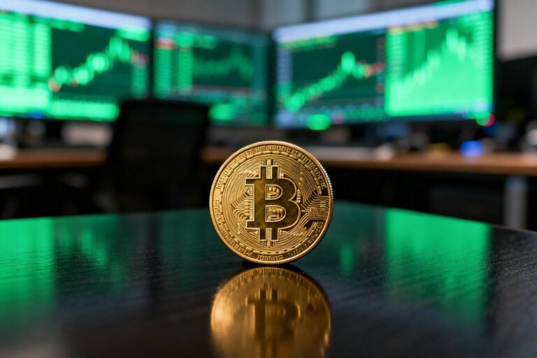 Pièce Bitcoin dorée posée devant des écrans de marché flous