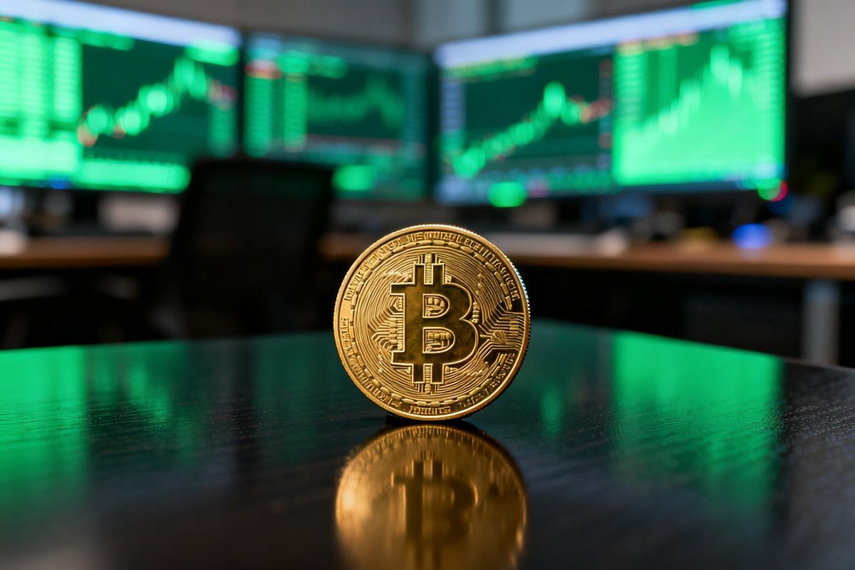Pièce Bitcoin dorée posée devant des écrans de marché flous