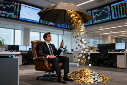 Homme en costume assis dans un fauteuil, tenant un parapluie sous une pluie de pièces dans une salle de marché