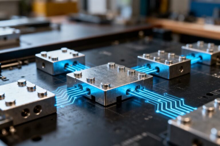 Blocs métalliques modulaires reliés entre eux par des pistes lumineuses bleues sur un établi sombre