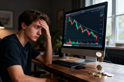 Un jeune homme dépité fixe un écran affichant un graphique crypto en chute, des pièces glissent du bord du bureau