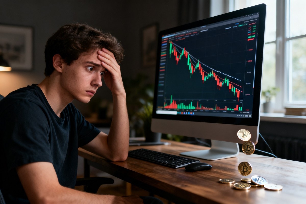 Un jeune homme dépité fixe un écran affichant un graphique crypto en chute, des pièces glissent du bord du bureau