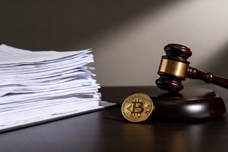 Un maillet de juge posé près d'une pile de documents et d'une pièce dorée au symbole du bitcoin.