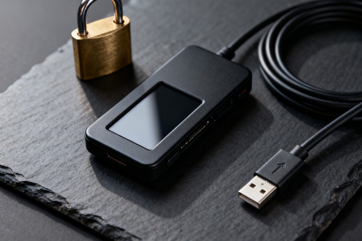 Portefeuille matériel crypto noir avec un cadenas en laiton et un câble USB sur une surface sombre