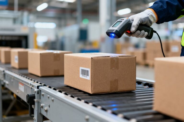 Colis scannés sur un tapis roulant dans un entrepôt logistique moderne