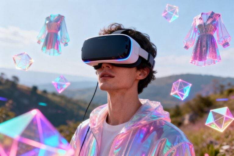 Personne équipée d'un casque de réalité virtuelle plongée dans un environnement numérique futuriste et coloré