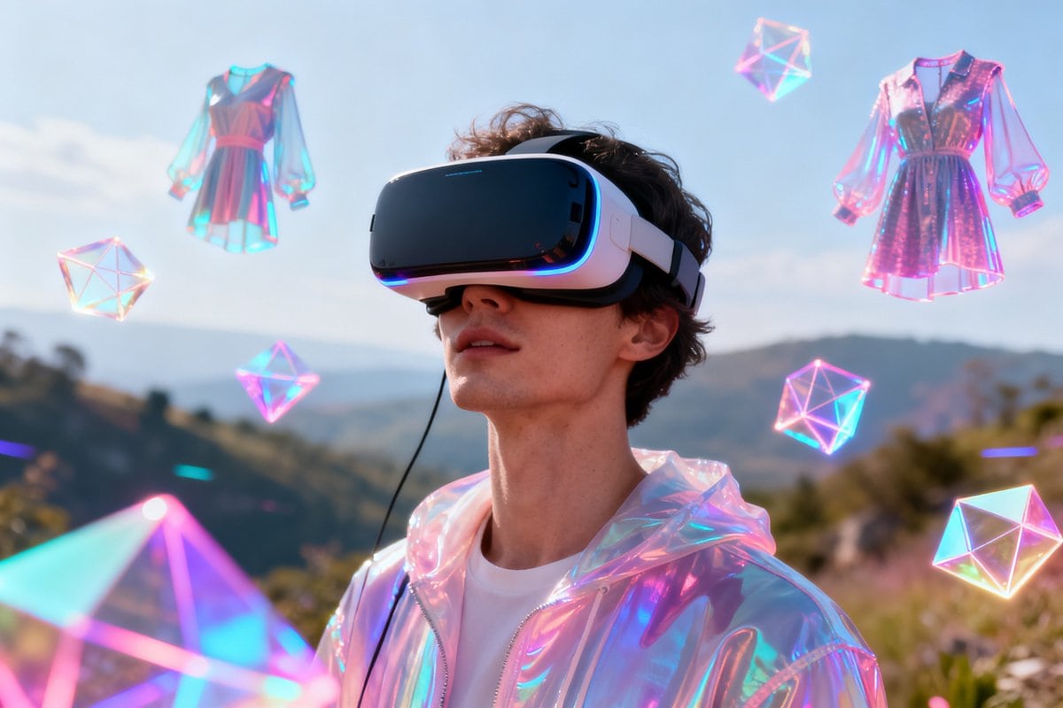 Personne équipée d'un casque de réalité virtuelle plongée dans un environnement numérique futuriste et coloré