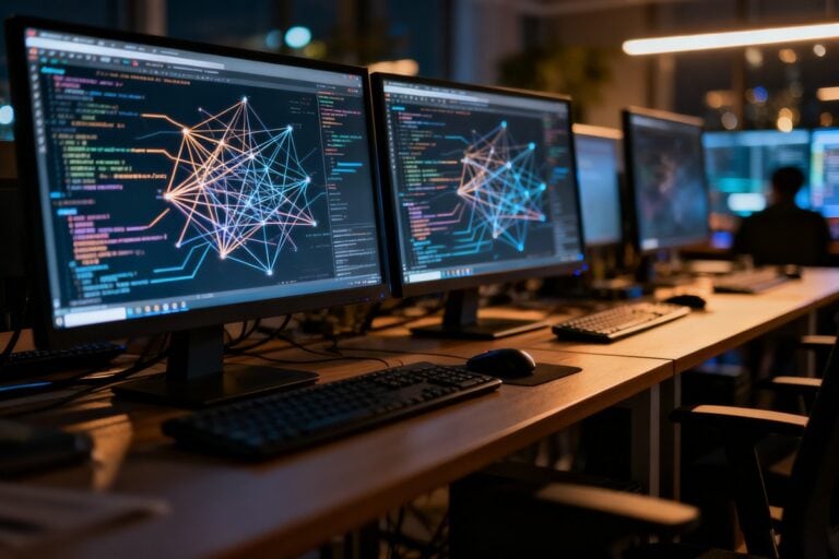 Postes de travail avec écrans affichant des graphes de réseau et des lignes de code