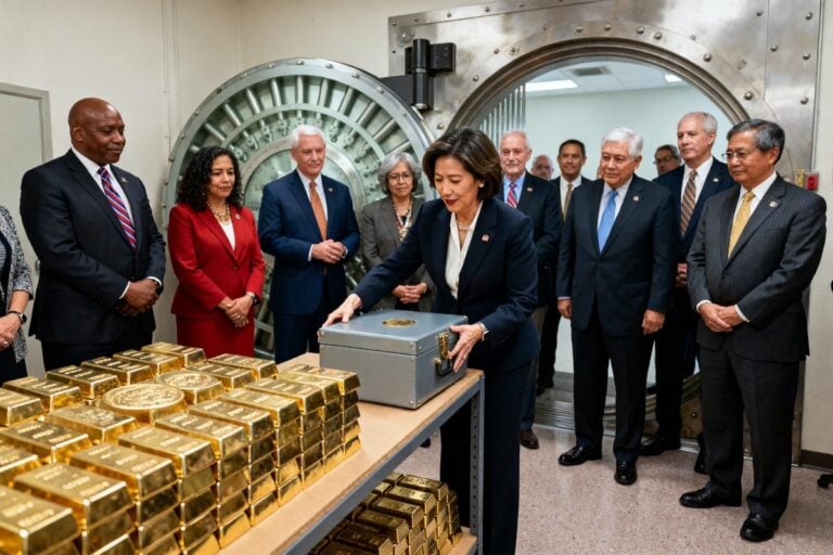 Des responsables américains dans une salle des coffres autour d'un coffret métallique posé près de lingots d'or