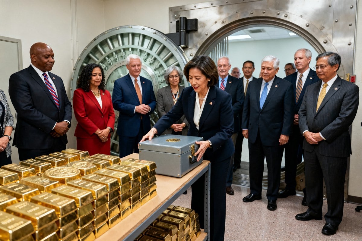 Des responsables américains dans une salle des coffres autour d'un coffret métallique posé près de lingots d'or