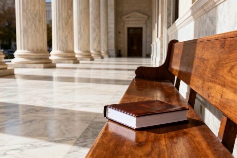 Couloir en marbre d'un palais de justice américain avec un dossier juridique posé sur un banc