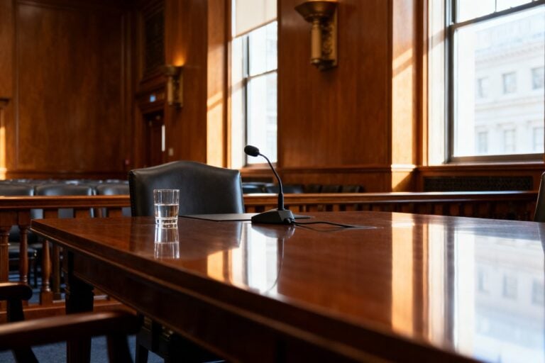 Salle d'audition parlementaire américaine vide, table des témoins équipée de micros