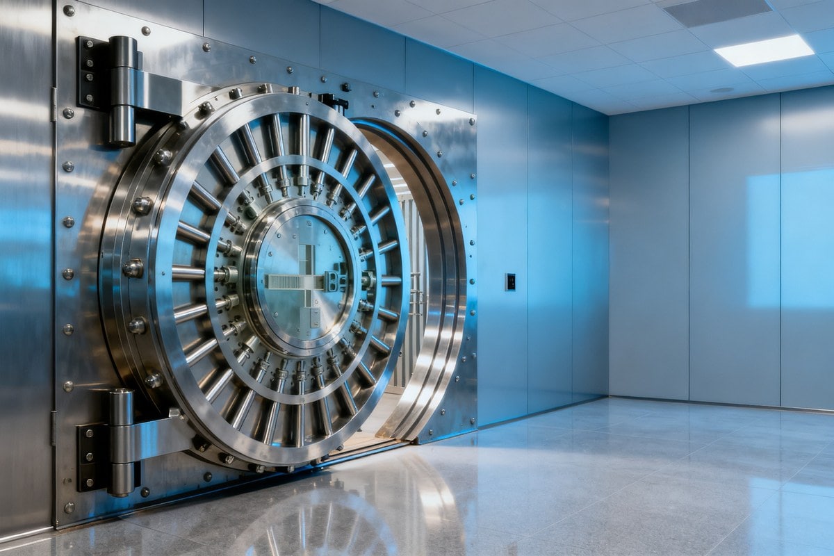 Grande porte de coffre-fort en acier poli, entrouverte, dans une salle institutionnelle moderne aux tons bleutés