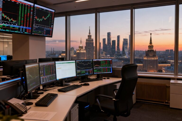 Salle de marché avec écrans financiers dans une tour de bureaux à Moscou au crépuscule