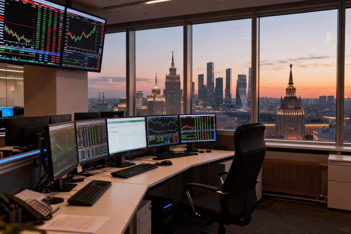 Salle de marché avec écrans financiers dans une tour de bureaux à Moscou au crépuscule