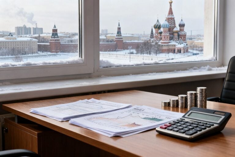 Bureau avec des documents financiers, une calculatrice et des piles de pièces devant une fenêtre donnant sur Moscou enneigée