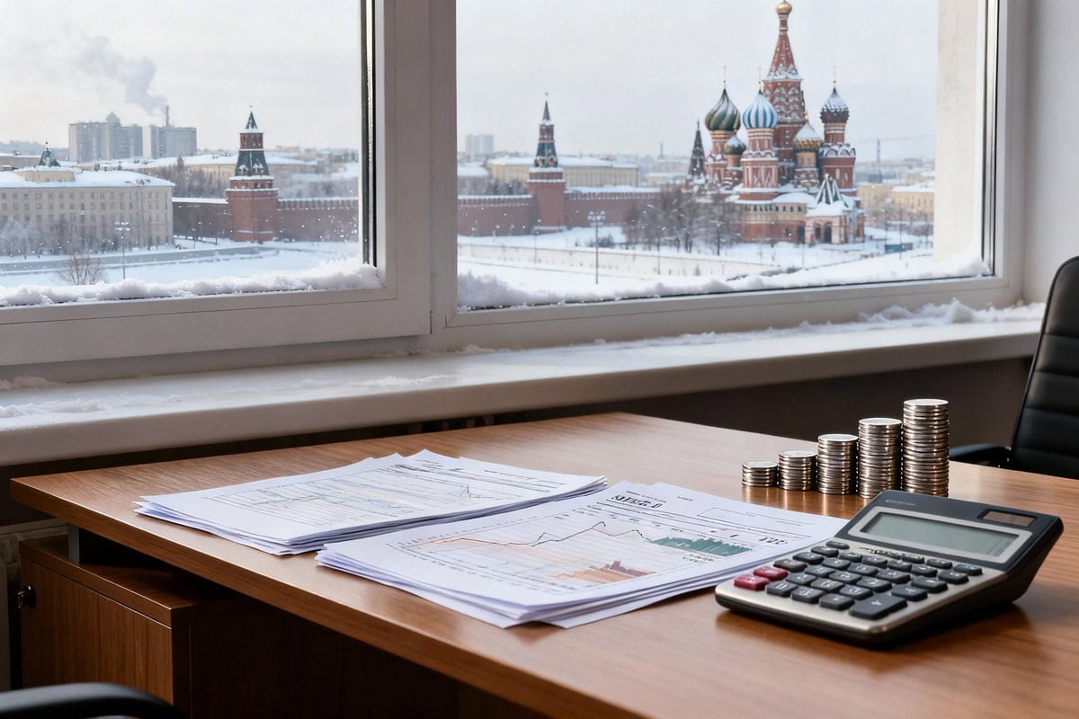 Bureau avec des documents financiers, une calculatrice et des piles de pièces devant une fenêtre donnant sur Moscou enneigée