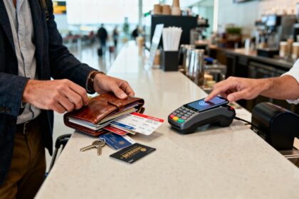 Un voyageur tient un portefeuille débordant de cartes et de billets près d'un terminal de paiement sans contact