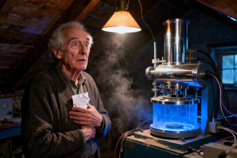 Un homme âgé serre un papier manuscrit contre lui dans un grenier, face à une machine de laboratoire éclairée en bleu