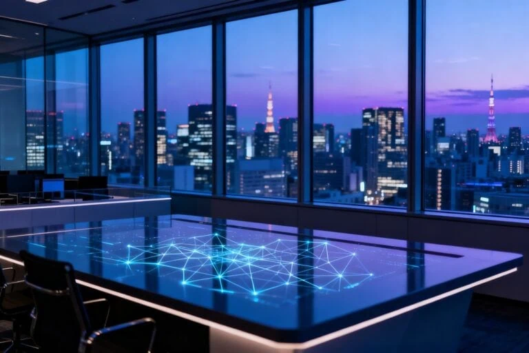 Tours financières de Tokyo au crépuscule vues depuis un bureau moderne, table lumineuse évoquant un réseau numérique