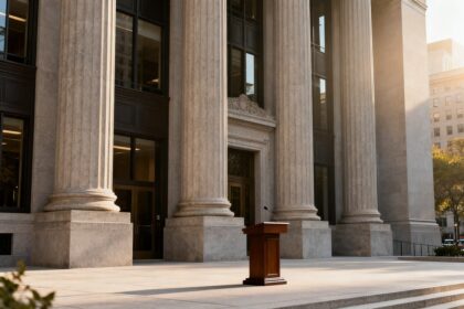 Façade d'un bâtiment institutionnel à colonnes dans la lumière du matin