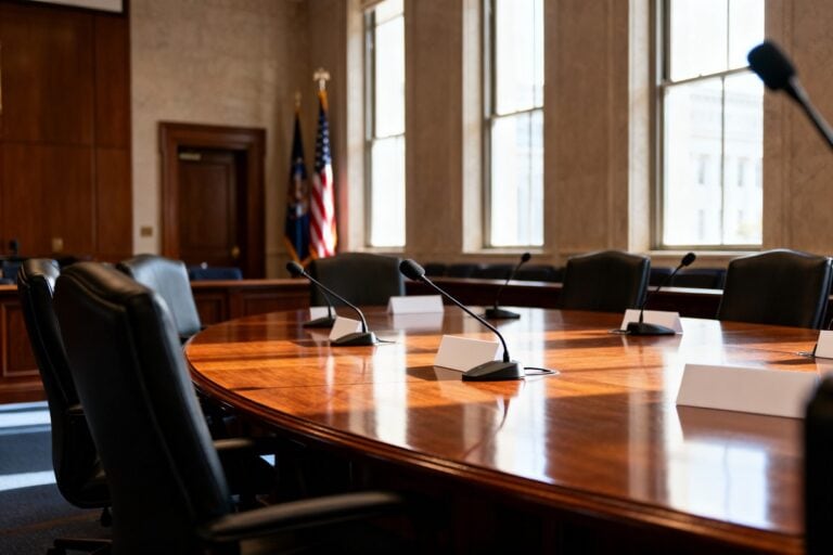 Salle de réunion en table ronde dans un bâtiment fédéral américain, micros et pupitres vides.