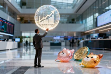 Un homme en costume tend la main vers un jeton lumineux gravé d'un graphique boursier, des ballons memecoins dégonflés au sol
