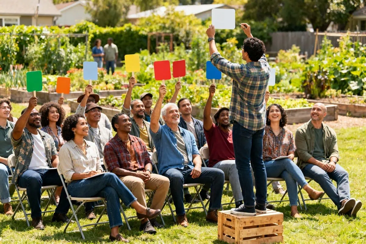 Des habitants d'un quartier votent à main levée avec des panneaux colorés lors d'une assemblée en plein air
