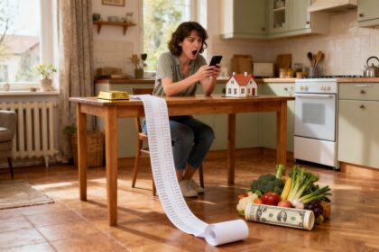 Une femme surprise devant son téléphone dans sa cuisine, un long ticket déroulé au sol, un lingot d'or et une maison miniature
