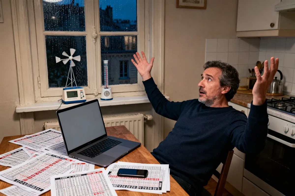 Un homme lève les bras devant un ordinateur à l'écran vide, des feuilles de cotes étalées sur la table de sa cuisine