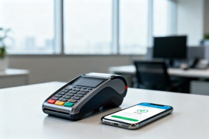 Terminal de paiement sans contact et smartphone affichant un portefeuille numérique sur un bureau épuré