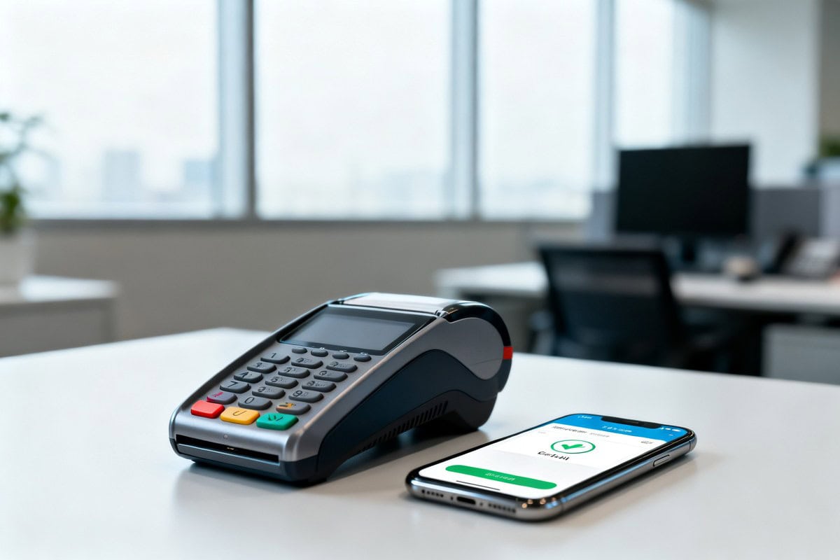 Terminal de paiement sans contact et smartphone affichant un portefeuille numérique sur un bureau épuré