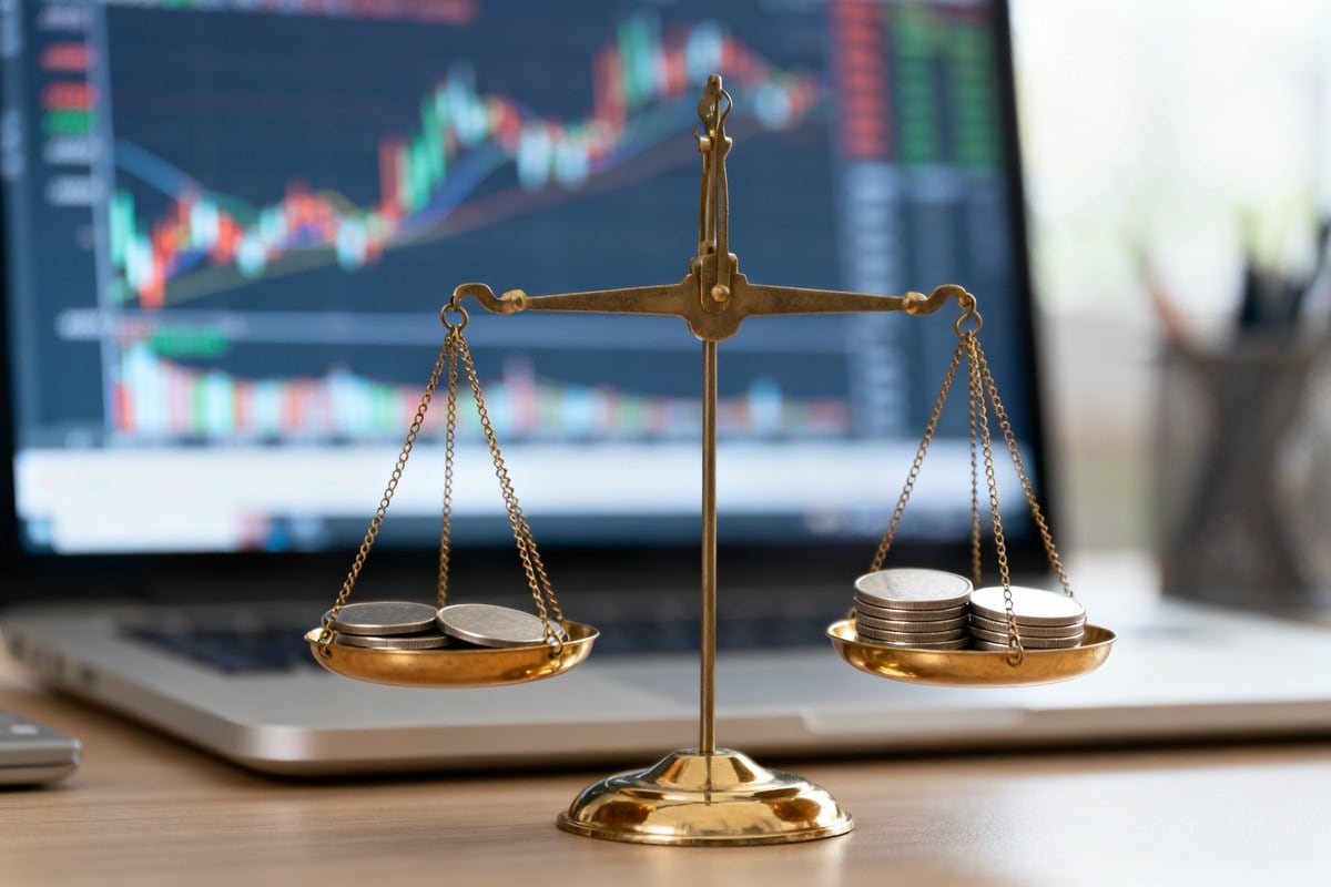 Balance en laiton tenant des piles de pièces métalliques devant un écran de graphiques financiers