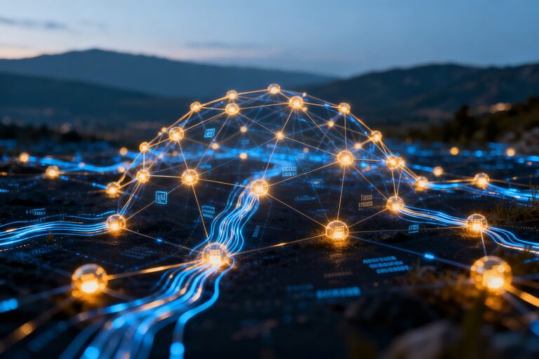 Réseau numérique décentralisé figuré par des nœuds lumineux reliés au crépuscule