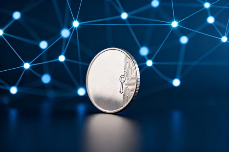 Représentation abstraite d un réseau blockchain sécurisé avec des nœuds lumineux et une pièce métallique