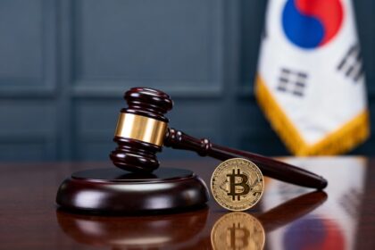 Maillet de juge en bois sur son socle à côté d'une pièce de cryptomonnaie, devant un drapeau sud-coréen