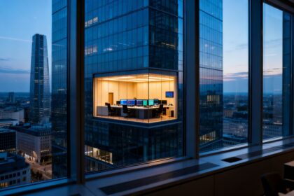 Quartier financier européen au crépuscule, tours de bureaux vitrées et salle de marché éclairée
