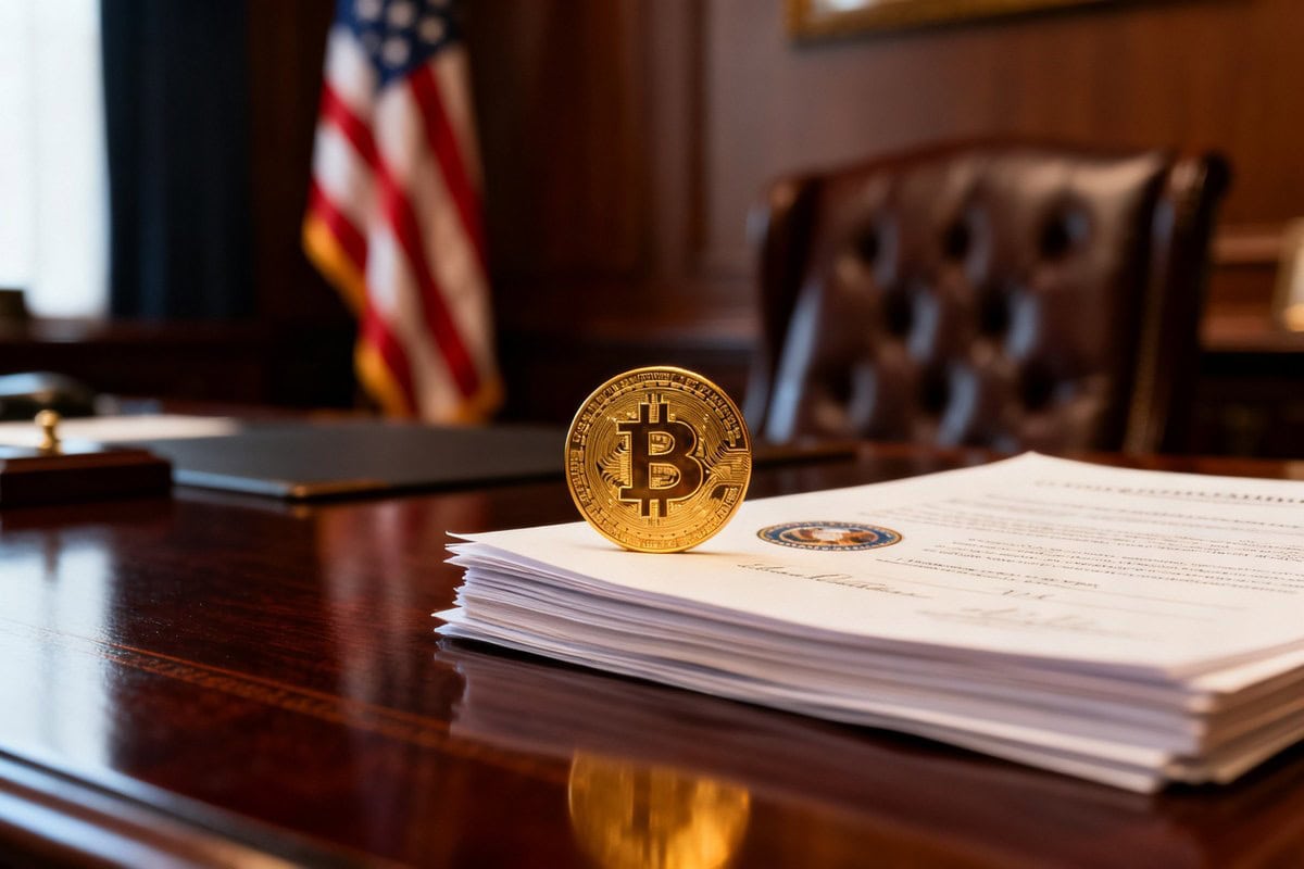 Pièce dorée de bitcoin posée sur des documents officiels, drapeau américain en arrière-plan