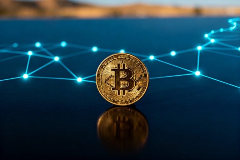 Pièce de bitcoin dorée sur une surface sombre devant un réseau lumineux de nœuds évoquant la blockchain